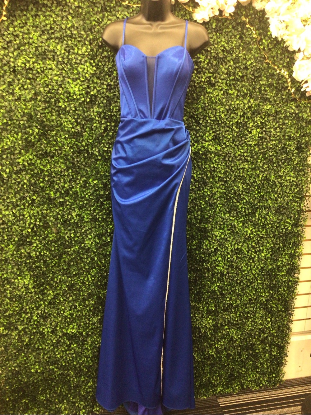Nina Canacci Royal Blue Satin Maxi Gown with Side Slit